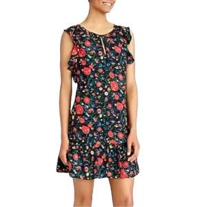 J. Crew Black Red Floral Flutter Sleeve Shift Dress Sz XS Romantic Feminine EUC